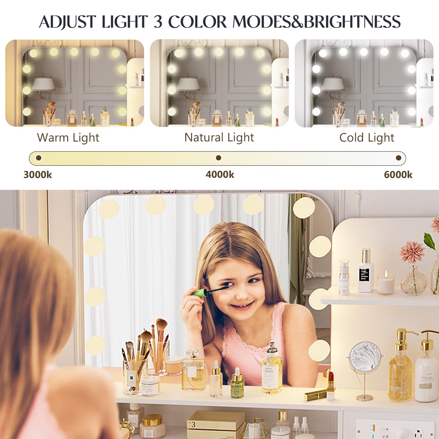 Miu Makeup Vanity with Outlet and 11 LED Lights, 3 Lighting Modes, Large Mirror, Retro Edition, Dressing Table for Bedroom Cosmetic
