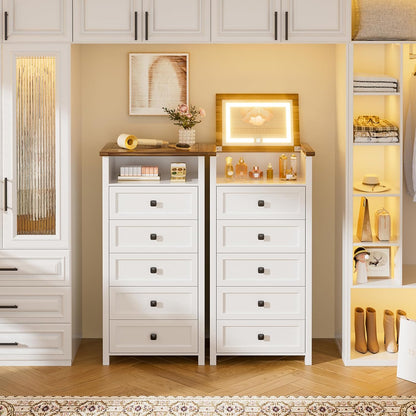 MIU Dresser with Mirror for Kids Bedroom, 47"- 63" Tall Dresser with 5 Drawer, Chest of Drawers, Farmhouse Makeup Vanity with Storage, White