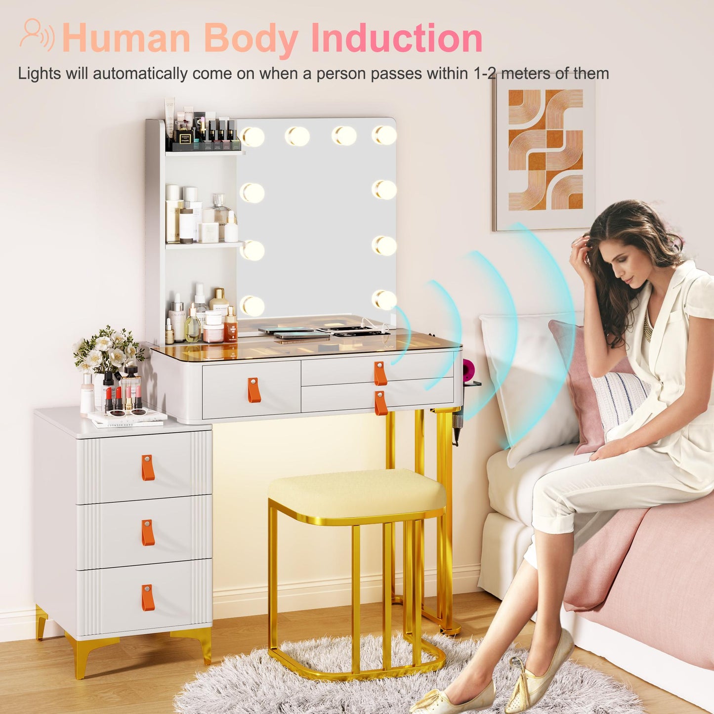 Miu Makeup Vanity Desk with Mirror and Lights, 5 Drawers&2 Shelves, Dressing Table with 10 Light Bulbs, USB Port&Human Sensor