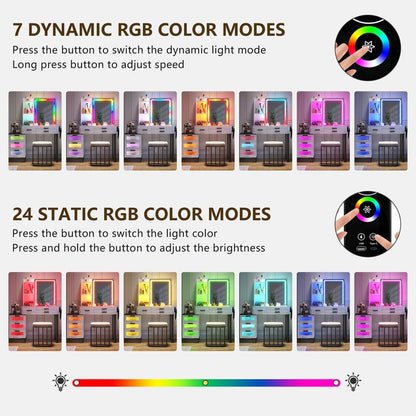 Miu Vanity Set with 24-Color RGB Lights, Wireless Charging, HD Mirror, 6-Drawer Chest & Big Storage Furniture Organizing - Modern Design Adjustable Brightness
