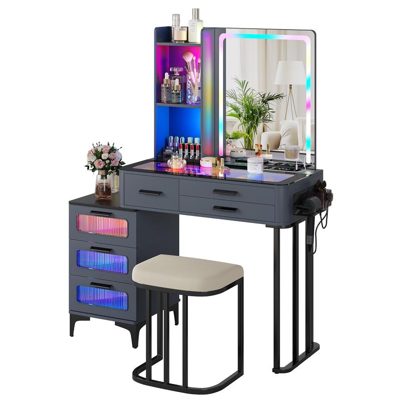 Miu Vanity Set with 24-Color RGB Lights, Wireless Charging, HD Mirror, 6-Drawer Chest & Big Storage Furniture Organizing - Modern Design Adjustable Brightness