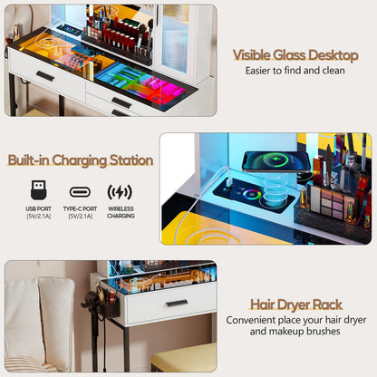 MIU Vanity with Mirror and LED Lights, Glass Top Vanity Desk with Charging Station(Wireless+USB+Type-C), RGB Makeup Table Set with Stool/Makeup Organizer/6 Drawers