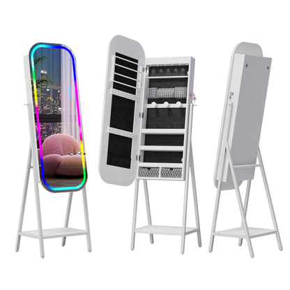 Miu LED RGB Wall-Mounted Organizer for kids junior Jewelry Cabinet with Full-Length Stand, 7-color light，Metal Brush Decor, Earring Door Frameless & Lite Mirrors