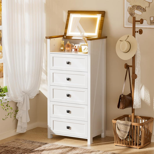 MIU Dresser with Mirror for Kids Bedroom, 47"- 63" Tall Dresser with 5 Drawer, Chest of Drawers, Farmhouse Makeup Vanity with Storage, White