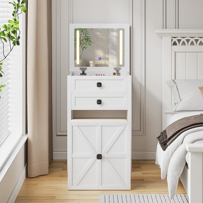 Miu Farmhouse 3 in 1 Vanity with Mirror, 3-Color Adjustable Lighting, Cushioned Stool for Bedroom Organization & Beauty Routines