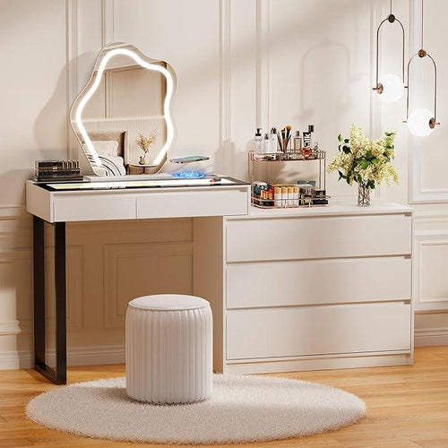 Miu Extendable Dressing Table with Drawers and Dresser, Corner Vanity Desk with Mirror and Lights, with Charging Station