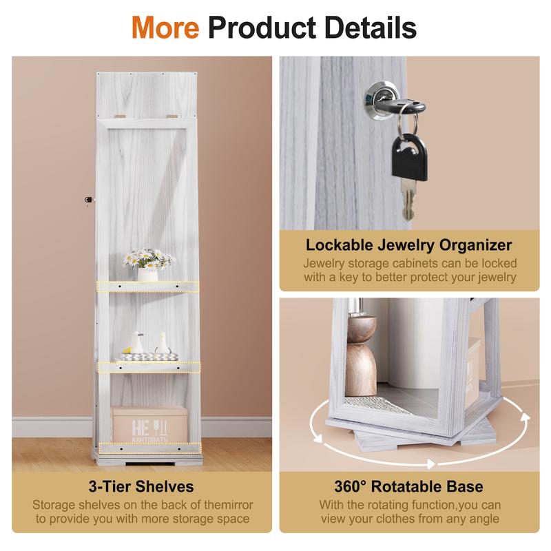 Miu 360° Swivel Jewelry Cabinet, 66” Full Length Mirror with Jewelry Storage, Standing Jewelry Organizer Armoire with Rear Storage for Bedroom