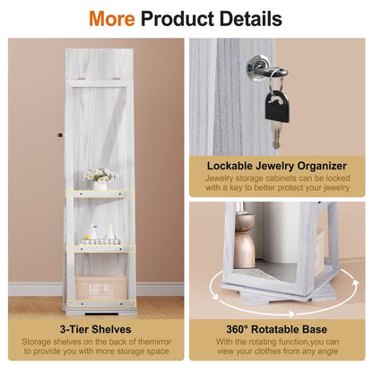 Miu 360° Swivel Jewelry Cabinet, 66” Full Length Mirror with Jewelry Storage, Standing Jewelry Organizer Armoire with Rear Storage for Bedroom