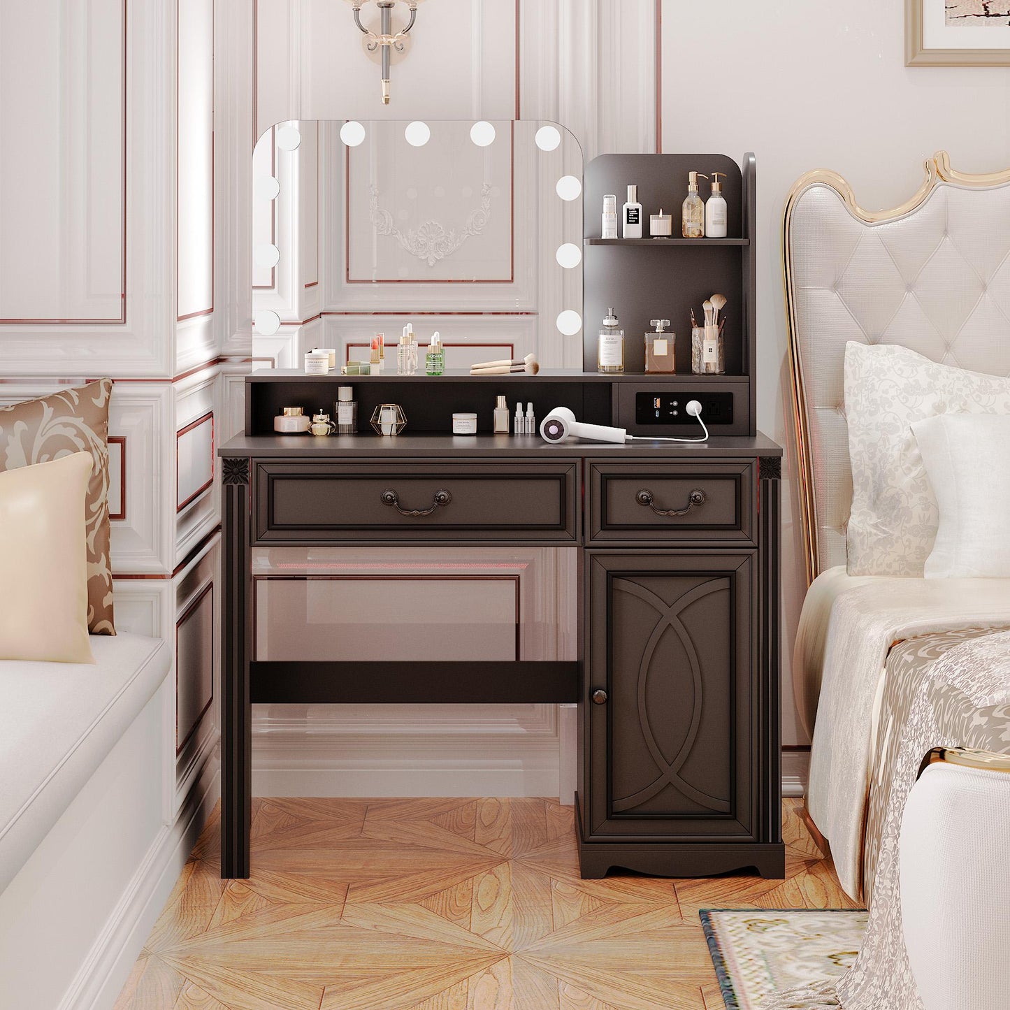 Miu Makeup Vanity with charging station and 11 LED Lights, 3 Lighting Modes, Large Mirror, Retro Edition, Dressing Table for Bedroom