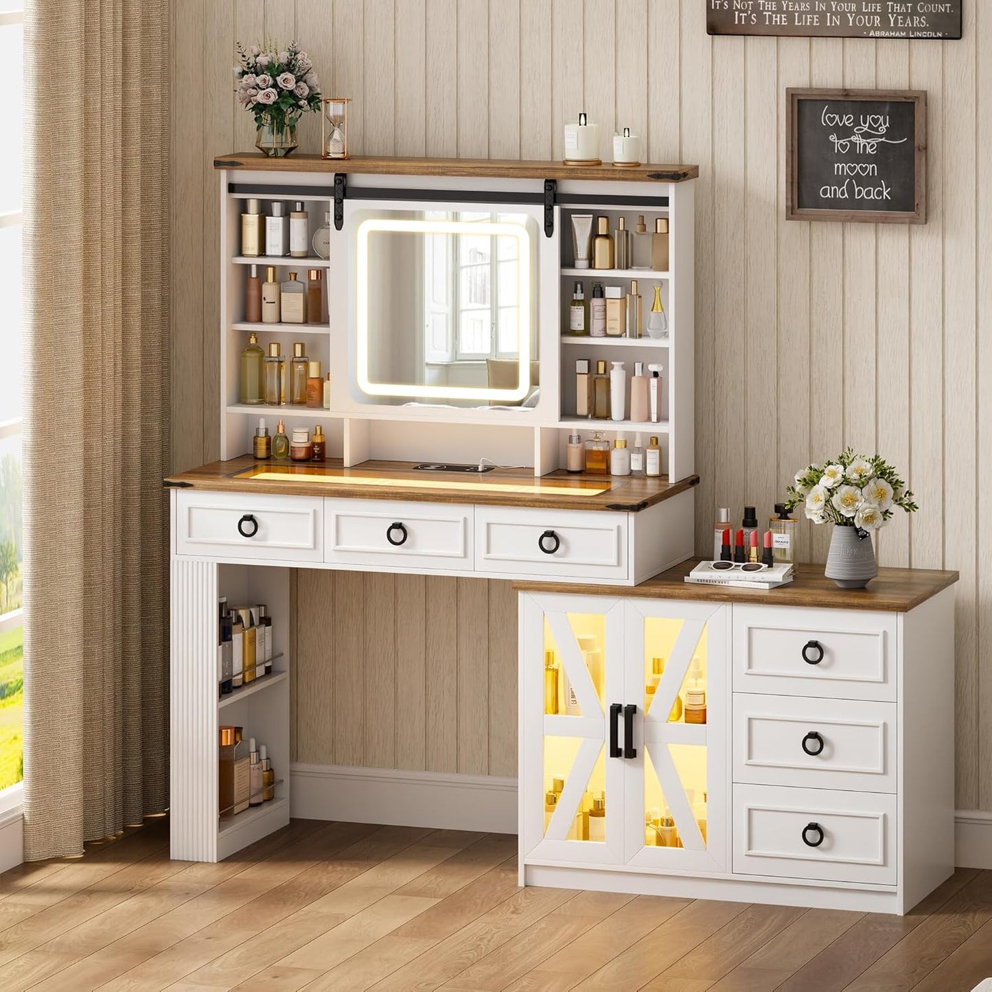 MIU Farmhouse Makeup Vanity Desk with Sliding Mirror and Lights,40" W Glass Tabletop Vanity Table with Charger,LED Vanity Set with Jewelry Armoire,6 Drawers,10 Shelves,Adjustable Cabinet