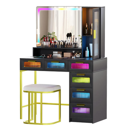 MIU Vanity with Mirror and LED Lights, Glass Top Vanity Desk with Charging Station(Wireless+USB+Type-C), RGB Makeup Table Set with Stool/Makeup Organizer/6 Drawers