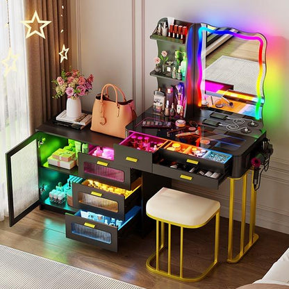 Miu Modern Makeup Vanity Set with Mirror and Lights, Large Storage Table with Drawers and Shelves, 3 in 1 Charging Station