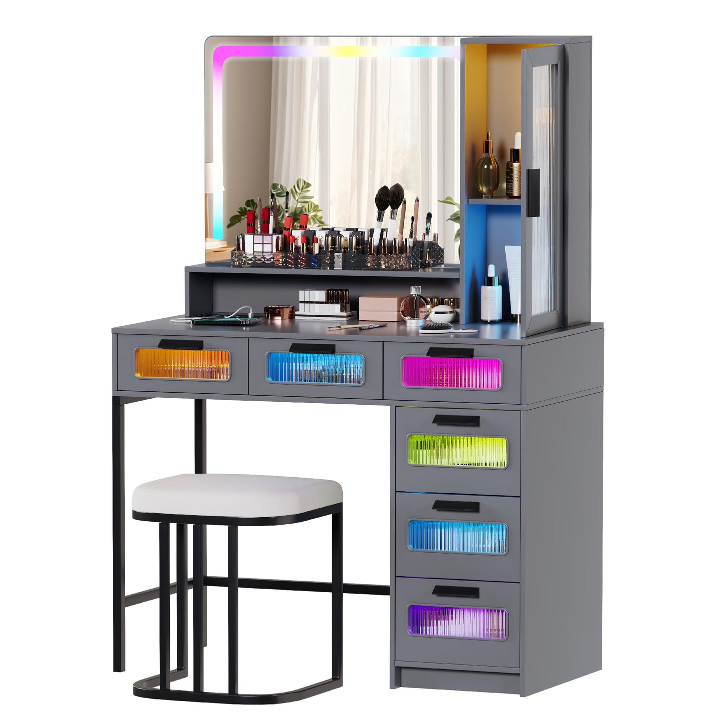 MIU Vanity with Mirror and LED Lights, Glass Top Vanity Desk with Charging Station(Wireless+USB+Type-C), RGB Makeup Table Set with Stool/Makeup Organizer/6 Drawers