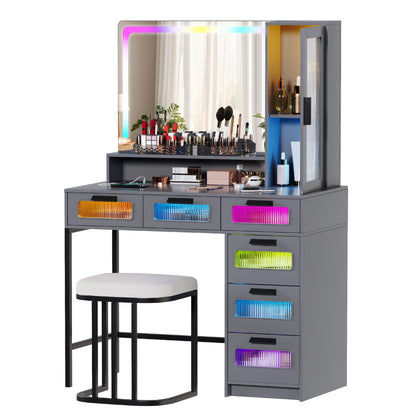 MIU Vanity with Mirror and LED Lights, Glass Top Vanity Desk with Charging Station(Wireless+USB+Type-C), RGB Makeup Table Set with Stool/Makeup Organizer/6 Drawers