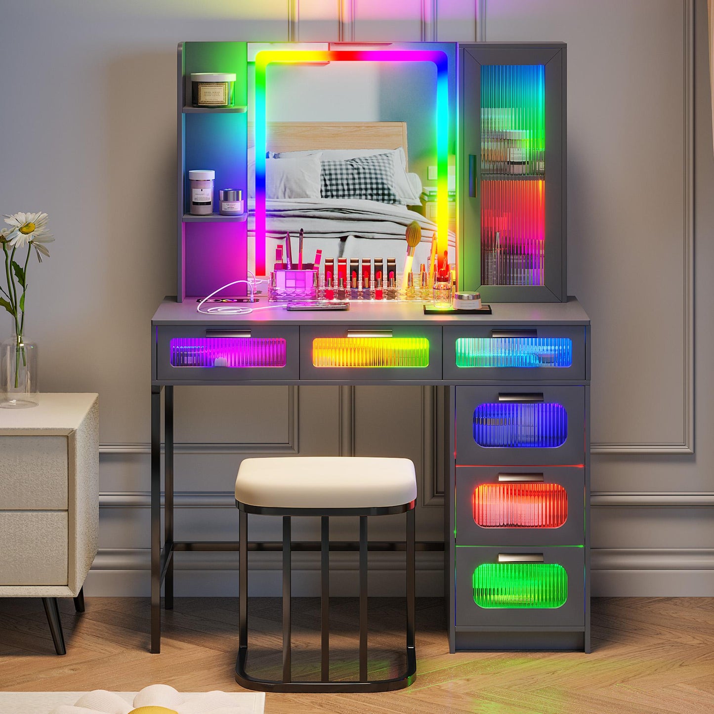 MIU Vanity with Mirror and LED Lights, Glass Top Vanity Desk with Charging Station(Wireless+USB+Type-C), RGB Makeup Table Set with Stool/Makeup Organizer/6 Drawers