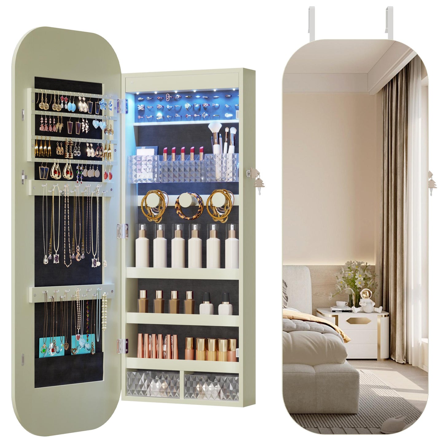 Miu B Wall-Mounted Organizer for kids junior Jewelry Cabinet with Full-Length Stand, Metal Brush Decor, Earring Door Frameless & Lite Mirrors