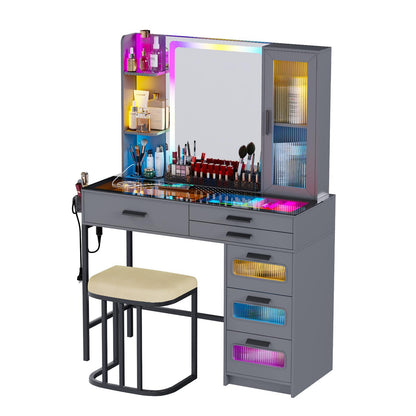 MIU Vanity with Mirror and LED Lights, Glass Top Vanity Desk with Charging Station(Wireless+USB+Type-C), RGB Makeup Table Set with Stool/Makeup Organizer/6 Drawers