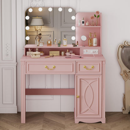 Miu Makeup Vanity with charging station and 11 LED Lights, 3 Lighting Modes, Large Mirror, Retro Edition, Dressing Table for Bedroom