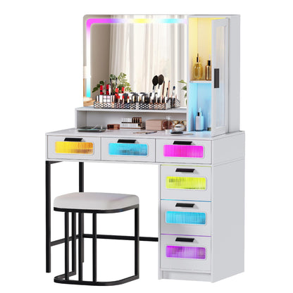 MIU Vanity with Mirror and LED Lights, Glass Top Vanity Desk with Charging Station(Wireless+USB+Type-C), RGB Makeup Table Set with Stool/Makeup Organizer/6 Drawers