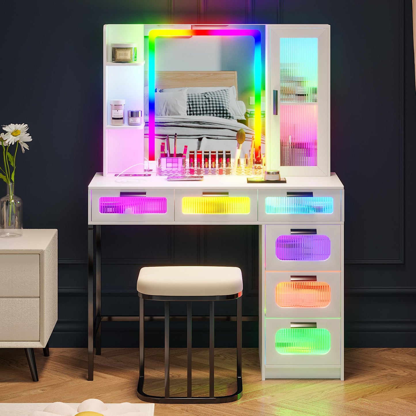 MIU Vanity with Mirror and LED Lights, Glass Top Vanity Desk with Charging Station(Wireless+USB+Type-C), RGB Makeup Table Set with Stool/Makeup Organizer/6 Drawers