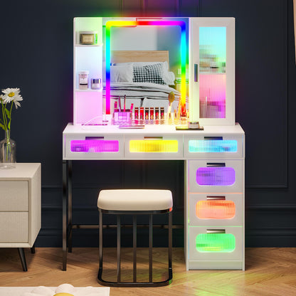 MIU Vanity with Mirror and LED Lights, Glass Top Vanity Desk with Charging Station(Wireless+USB+Type-C), RGB Makeup Table Set with Stool/Makeup Organizer/6 Drawers