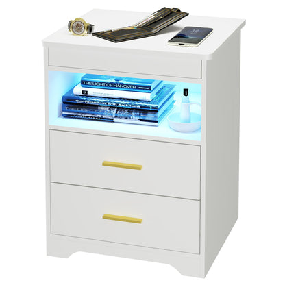 Miu Nightstand Gun Drawer with USB & Type-C Port, LED Light, Modern Design for Office & Bedroom Storage Organize