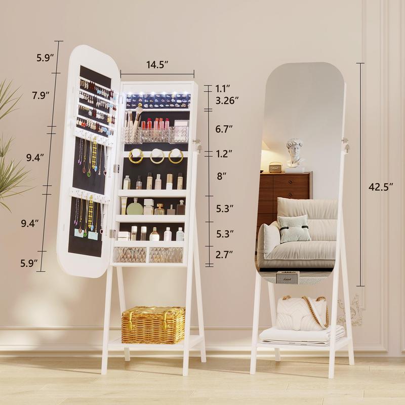 Miu B Wall-Mounted Organizer for kids junior Jewelry Cabinet with Full-Length Stand, Metal Brush Decor, Earring Door Frameless & Lite Mirrors