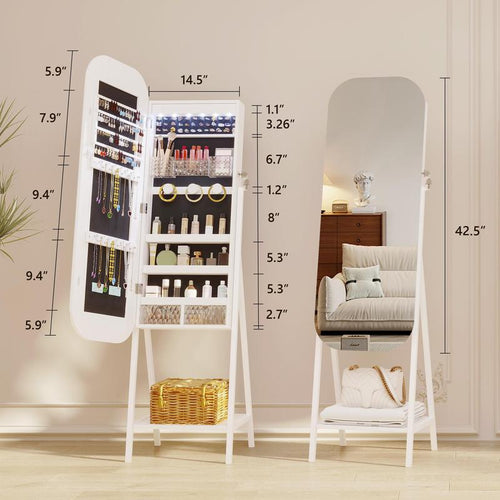 Miu B Wall-Mounted Organizer for kids junior Jewelry Cabinet with Full-Length Stand, Metal Brush Decor, Earring Door Frameless & Lite Mirrors