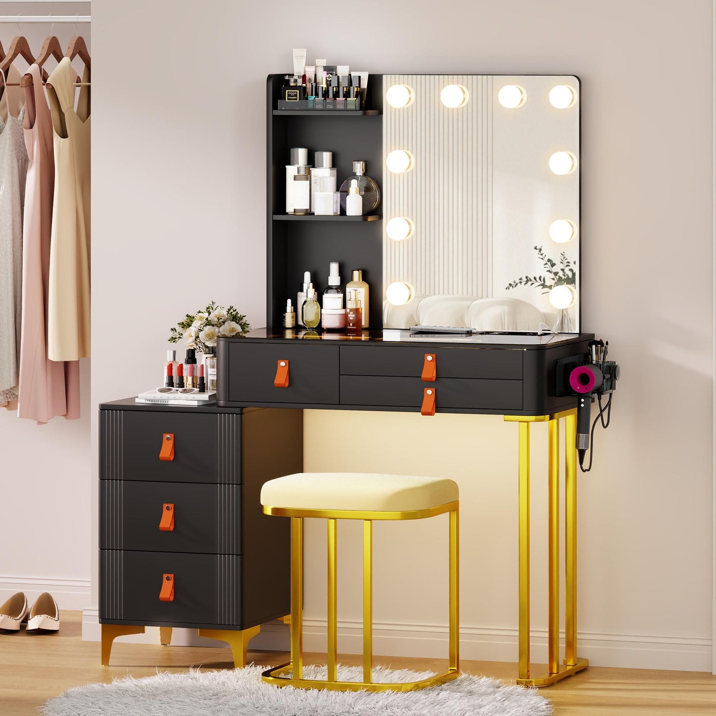 Miu Makeup Vanity Desk with Mirror and Lights, 5 Drawers&2 Shelves, Dressing Table with 10 Light Bulbs, USB Port&Human Sensor