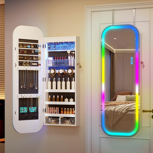 Miu LED RGB Wall-Mounted Organizer for kids junior Jewelry Cabinet with Full-Length Stand, 7-color light，Metal Brush Decor, Earring Door Frameless & Lite Mirrors