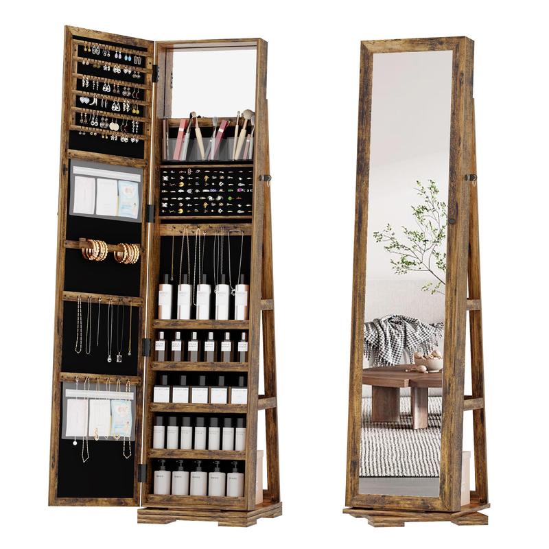 Miu 360° Swivel Jewelry Cabinet, 66” Full Length Mirror with Jewelry Storage, Standing Jewelry Organizer Armoire with Rear Storage for Bedroom