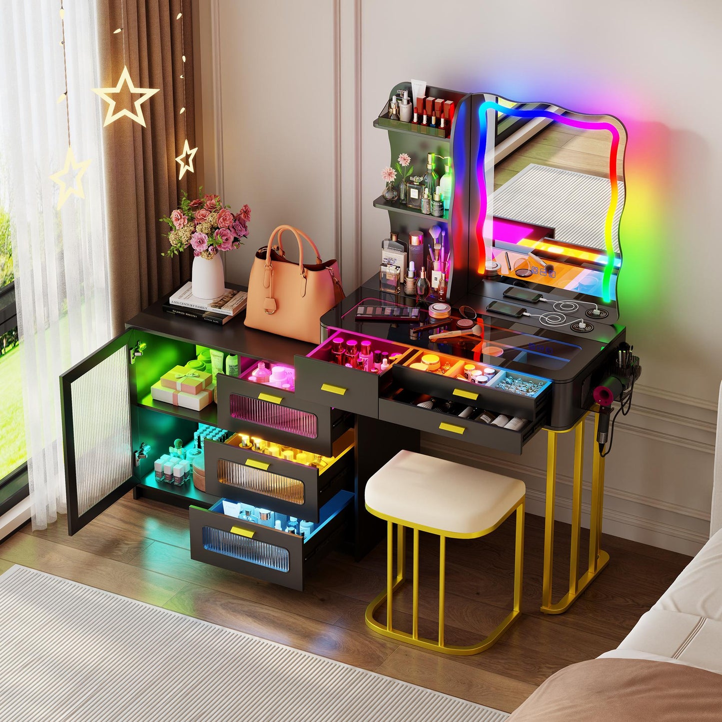 Miu Vanity Set with 24-Color RGB Lights, Wireless Charging, HD Mirror, 6-Drawer Chest & Big Storage Furniture Organizing - Modern Design Adjustable Brightness