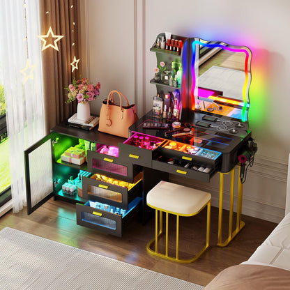 Miu Vanity Set with 24-Color RGB Lights, Wireless Charging, HD Mirror, 6-Drawer Chest & Big Storage Furniture Organizing - Modern Design Adjustable Brightness
