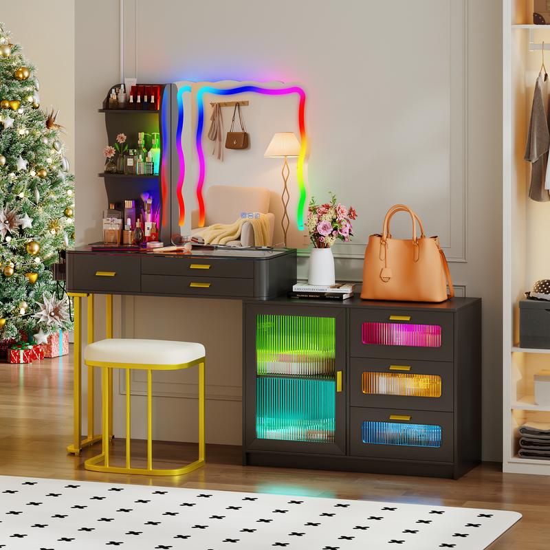 Miu Vanity Set with 7-Color RGB Lights, Wireless Charging, HD Mirror, 7-Drawer Chest & Big Storage Furniture Organizing - Modern Design Adjustable Brightness