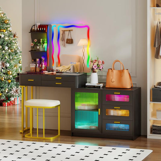 Miu Vanity Set with 7-Color RGB Lights, Wireless Charging, HD Mirror, 7-Drawer Chest & Big Storage Furniture Organizing - Modern Design Adjustable Brightness