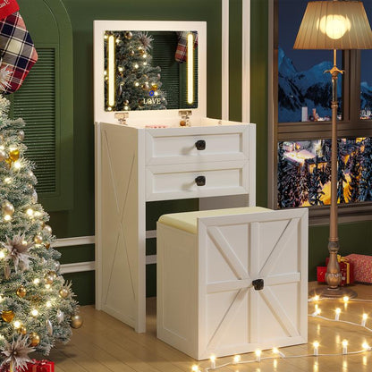 Miu Farmhouse 3 in 1 Vanity with Mirror, 3-Color Adjustable Lighting, Cushioned Stool for Bedroom Organization & Beauty Routines
