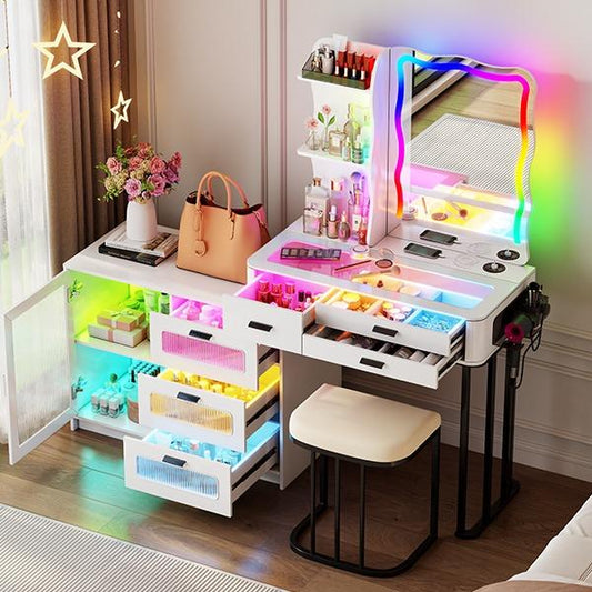 Miu Vanity Set with 24-Color RGB Lights, Wireless Charging, HD Mirror, 6-Drawer Chest & Big Storage Furniture Organizing - Modern Design Adjustable Brightness