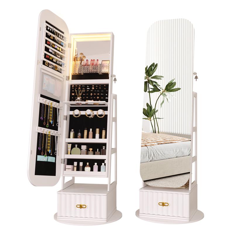 Miu Round-Corner Design Full-Length Mirror with 360° Swivel & LED-Lit Features, Bottom Drawer Storage, Lockable Design Brush Cabinet