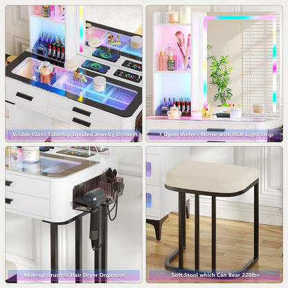 Miu Vanity Set with 24-Color RGB Lights, Wireless Charging, HD Mirror, 6-Drawer Chest & Big Storage Furniture Organizing - Modern Design Adjustable Brightness