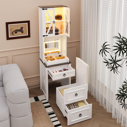 Miu Vanity Desk with Mirror, Customizable Lighting, Hidden Storage, Compact Makeup, Modern Home Bedroom Furniture
