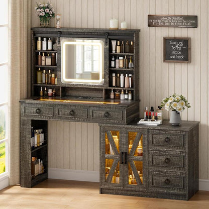MIU Farmhouse Makeup Vanity Desk with Sliding Mirror and Lights,40" W Glass Tabletop Vanity Table with Charger,LED Vanity Set with Jewelry Armoire,6 Drawers,10 Shelves,Adjustable Cabinet