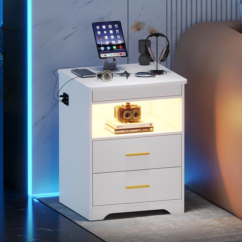Miu Nightstand Gun Drawer with USB & Type-C Port, LED Light, Modern Design for Office & Bedroom Storage Organize