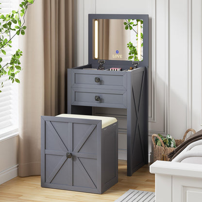 Miu Farmhouse 3 in 1 Vanity with Mirror, 3-Color Adjustable Lighting, Cushioned Stool for Bedroom Organization & Beauty Routines
