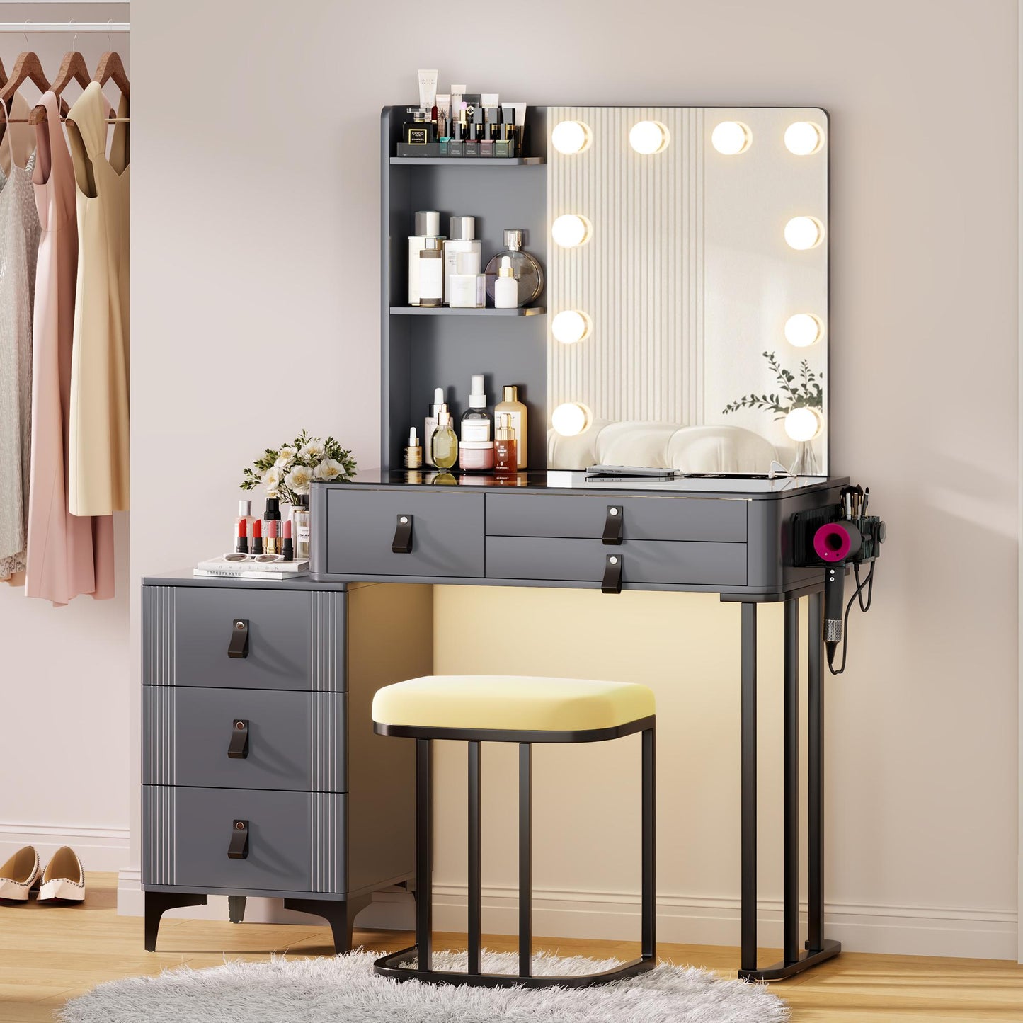 Miu Makeup Vanity Desk with Mirror and Lights, 5 Drawers&2 Shelves, Dressing Table with 10 Light Bulbs, USB Port&Human Sensor
