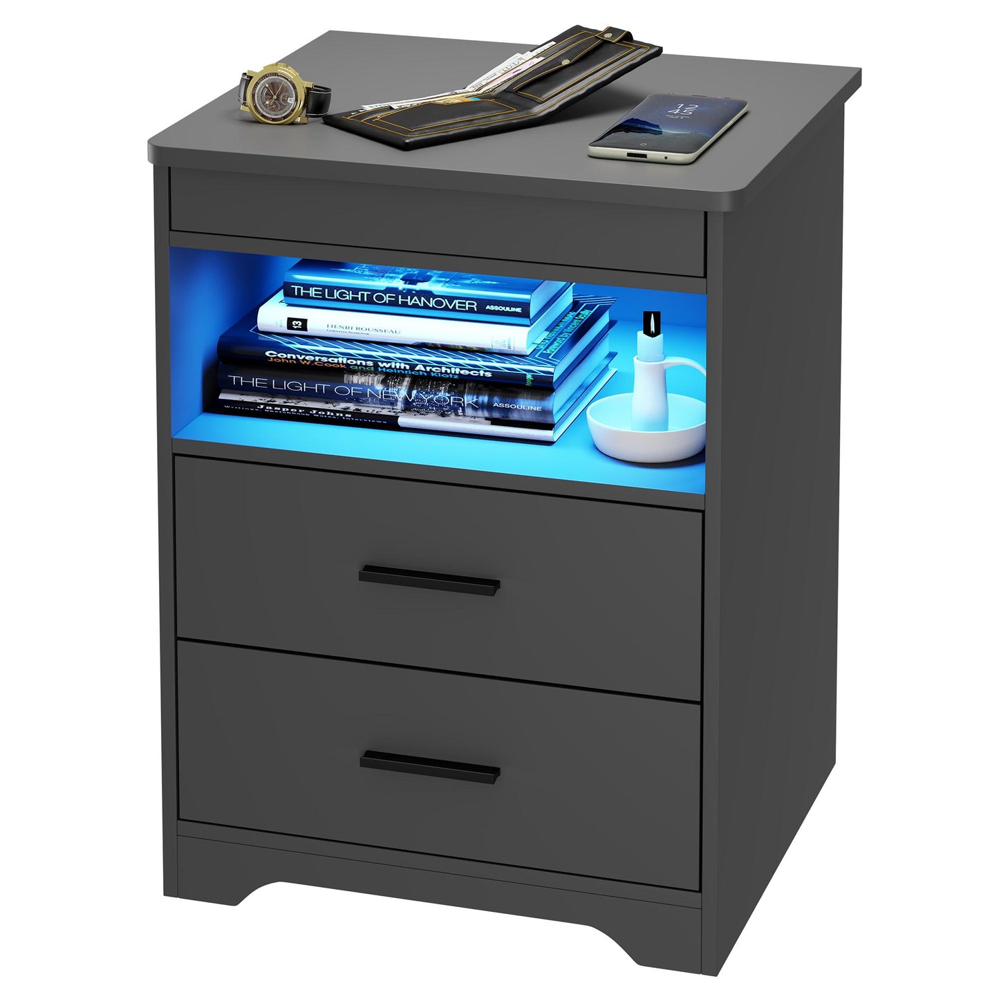 Miu Nightstand Gun Drawer with USB & Type-C Port, LED Light, Modern Design for Office & Bedroom Storage Organize