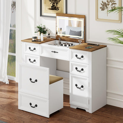 Miu Farmhouse 3 in 1 Vanity with Mirror, 3-Color Adjustable Lighting, Cushioned Stool for Bedroom Organization & Beauty Routines